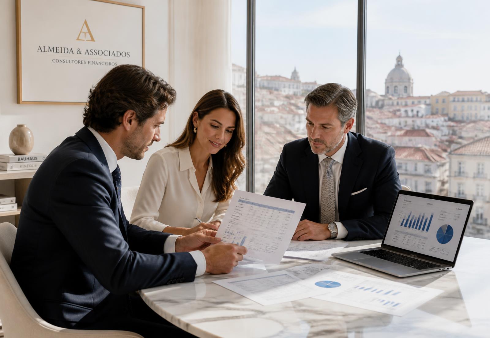 Equipa financeira a analisar demonstrações e o relatório de contas